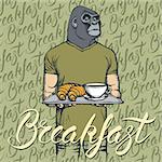 Breakfast vector concept. Illustration of gorilla with croissant and coffee