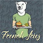 Fast food vector concept. Illustration of white bear with burger and French fries