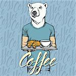 Breakfast vector concept. Illustration of white bear with croissant and coffee