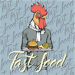 Fast food vector concept. Illustration of rooster with burger and French fries