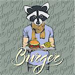 Fast food vector concept. Illustration of raccoon with burger and French fries