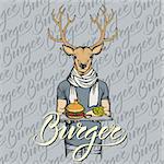 Fast food vector concept. Illustration of deer with burger and French fries