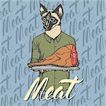 Vector cat with meat ham illustration. Vector food concept