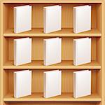 Three wooden bookshelves and books with empty blank covers. White object mock-up or template