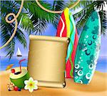 old paper for your desighn on tropical background and exotic beverage and cocnuts and surfing boards vector