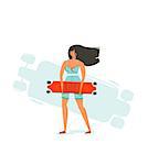 Hand drawn vector cartoon summer time fun illustration with young girl riding on long board isolated on white background.