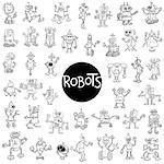 Black and White Cartoon Illustration of Robots Fantasy Characters Huge Set