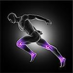 3D render of a male figure in sprinting pose with leg joints highlighted