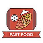 Illustration set of different kinds of pizza on white background with lettering on a red ribbon. Junk food and unhealthy lifestyle topic.