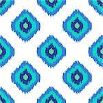 Ikat geometric seamless pattern. Turquoise blue color collection. Indonesian textile fabric tie-dye technique inspiration. Rhombus and drop shapes.