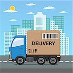 Delivery truck with cardboard box on city background. Product goods shipping transport. Fast service truck. Also available as a Vector in Adobe illustrator EPS 10 format.