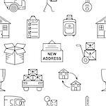 Moving. Line art icon seamless pattern. Thin line art icons. Flat style illustrations isolated.