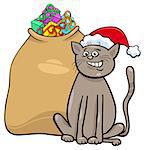 Cartoon Illustration of Cat or Kitten Animal Character with Sack of Christmas Gifts