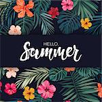 Summer colorful hawaiian flyer design with tropical palm leaves and hibiscus flowers, vector illustration