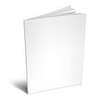 Opened book or magazine with empty blank pages and cover. White object mockup or template isolated on white background