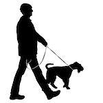 Silhouette of man and dog on a white background.