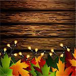 Wooden wall with autumn leaves and falling leaves vector illustration