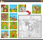 Cartoon Illustration of Educational Jigsaw Puzzle Game for Children with Animal Characters