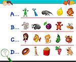 Cartoon Illustration of Finding Picture Starting with Referred Letter Educational Game Worksheet for Children