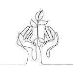 Continuous line drawing. Hands palms together with growth plant. Vector illustration