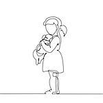 Little Girl hugs puppy. Continuous line drawing. Vector illustration on white background