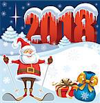 Skiing Santa Claus in New Year 2018 with gifts and christmas decoration