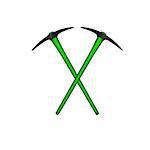 Two crossed mattocks in black design with green handle on white background