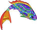 Hand drawn stylized sea fish. Catoon animal for coloring book page, fabric print, tattoo design. Isolated colorful fish