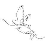 Continuous one line drawing. Flying two pigeons logo. Black and white vector illustration. Concept for logo, card, banner, poster, flyer