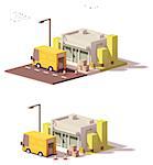 Vector low poly shop icon and truck unloading boxes with goods