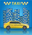 Realistic Taxi cab with blue city background. City taxi banner. Vector illustration EPS 10