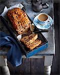 Tray of fruit bread with tea