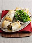 Plate of baked pastry rolls with salad