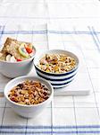 Bowls of breakfast cereal with fruit