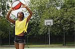 Woman shooting basketball on court