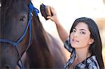 Young woman grooming horse