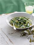 Bowl of spring pesto soup with zucchini and beans