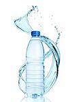 Bottle of still healthy water with splashes on white background
