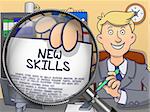 Businessman in Suit Shows Concept on Paper New Skills Concept through Magnifying Glass. Closeup View. Multicolor Doodle Illustration.