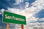 San Francisco Green Road Sign Over Dramatic Clouds and Sky.