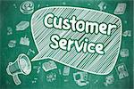 Customer Service on Speech Bubble. Hand Drawn Illustration of Screaming Horn Speaker. Advertising Concept.