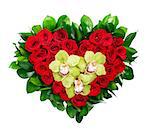 Heart shaped bouquet of red roses and orchids isolated on white background.