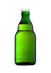 Green glass beer bottle with white cap isolated on white background