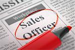 Sales Officer. Newspaper with the Advertisements and Classifieds Ads for Vacancy, Circled with a Red Marker. Blurred Image. Selective focus. Concept of Recruitment. 3D.