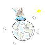 Around the world travel memories. Blue retro toy car with famous monuments on roof at cartoon planet