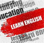 Education Service Concept: Learn English - on White Brickwall with Wordcloud Around. Modern Illustration. Learn English Modern Style Illustration on Red Brush Stroke.