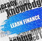 Business Education Concept: Learn Finance - on the White Wall with Wordcloud Around. Modern Illustration. Learn Finance. Blue Message on the Brickwall.