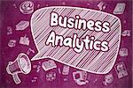 Business Concept. Horn Speaker with Wording Business Analytics. Cartoon Illustration on Purple Chalkboard.