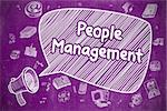 Business Concept. Megaphone with Inscription People Management. Hand Drawn Illustration on Purple Chalkboard.