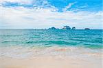 Warm sunny weather and turquoise sea, view of the mountains on the horizon